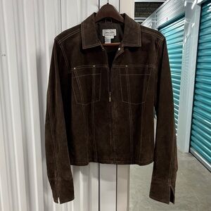 Vintage Live a Little Brown 109% Suede Leather Stiched Grommets Jacket | Large